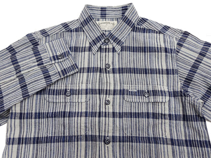 Sugar Cane Men's Indigo Plaid Long-Sleeve Work Shirt - Fiction Romance Collection - 100% Cotton, Inspired by Traditional Japanese Kimono Fabric, Made in Japan (SC29591 401A Off White)