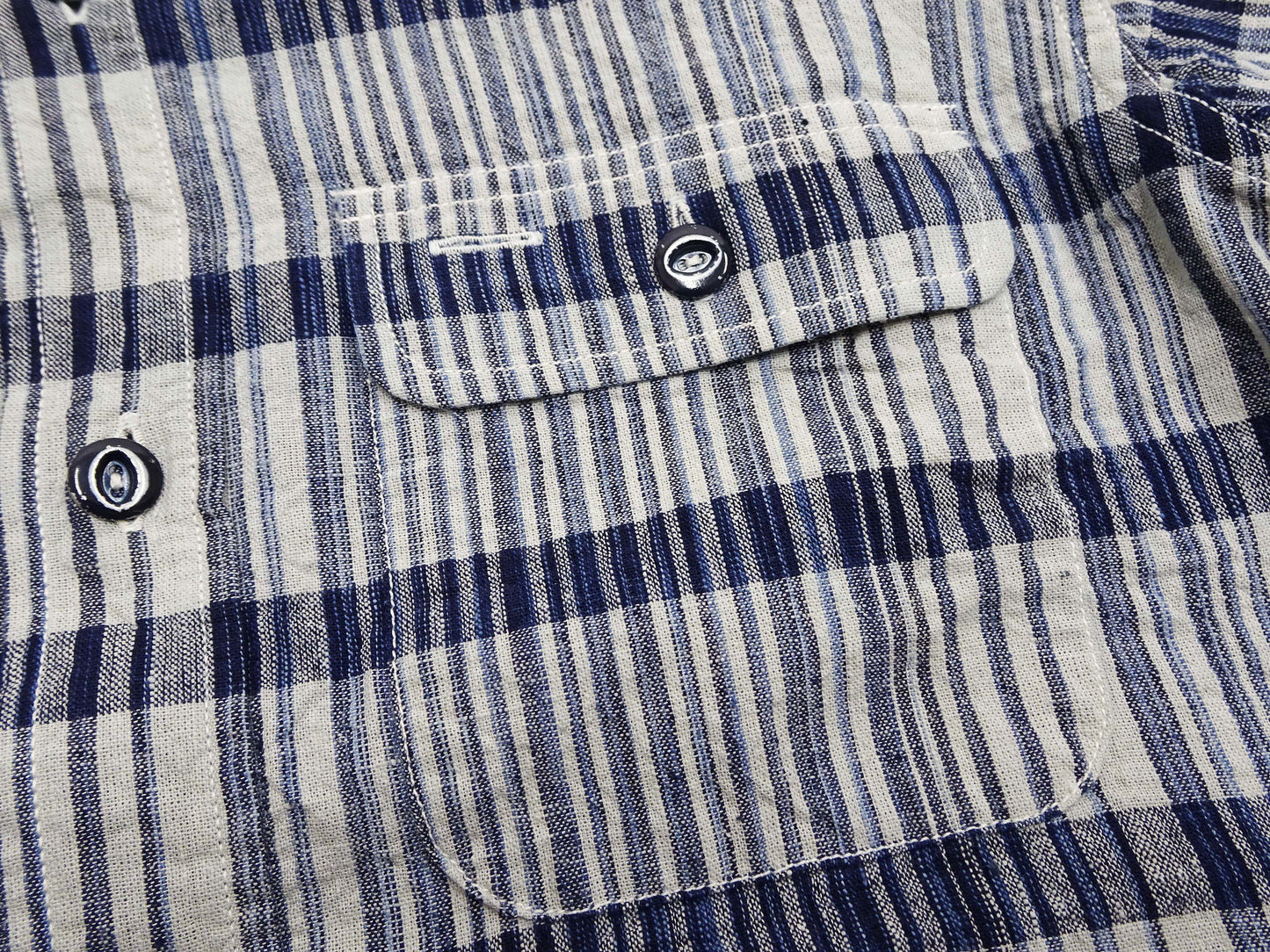 Sugar Cane Men's Indigo Plaid Long-Sleeve Work Shirt - Fiction Romance Collection - 100% Cotton, Inspired by Traditional Japanese Kimono Fabric, Made in Japan (SC29591 401A Off White)