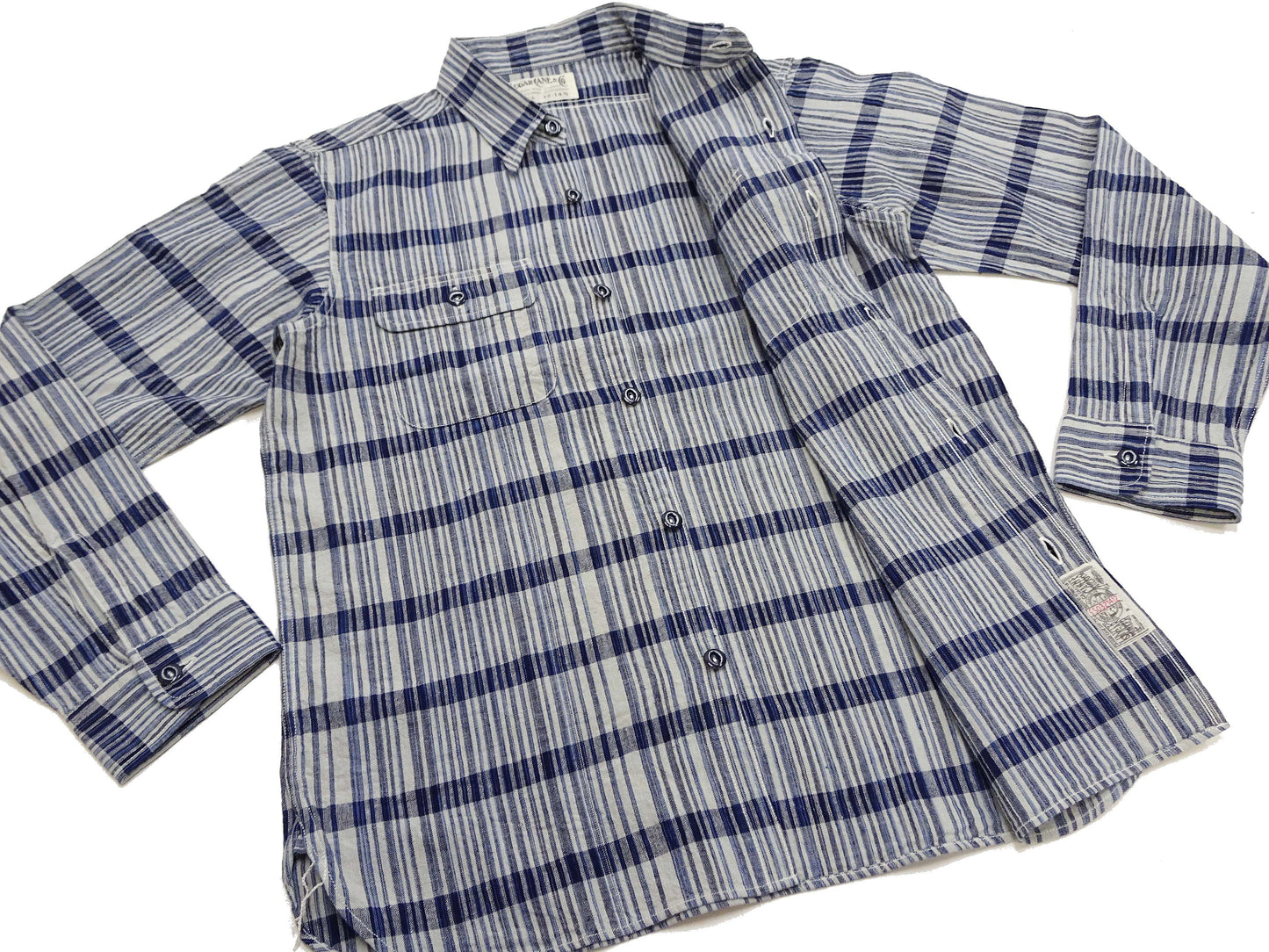 Sugar Cane Men's Indigo Plaid Long-Sleeve Work Shirt - Fiction Romance Collection - 100% Cotton, Inspired by Traditional Japanese Kimono Fabric, Made in Japan (SC29591 401A Off White)