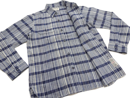 Sugar Cane Men's Indigo Plaid Long-Sleeve Work Shirt - Fiction Romance Collection - 100% Cotton, Inspired by Traditional Japanese Kimono Fabric, Made in Japan (SC29591 401A Off White)