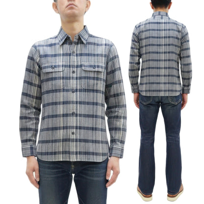 Sugar Cane Men's Indigo Plaid Long-Sleeve Work Shirt - Fiction Romance Collection - 100% Cotton, Inspired by Traditional Japanese Kimono Fabric, Made in Japan (SC29591 401A Off White)