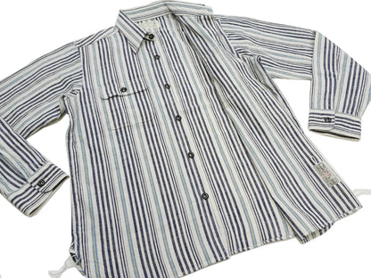 Sugar Cane Men's Indigo Vertical Multi-Stripe Long-Sleeve Work Shirt - Fiction Romance Collection - 100% Cotton, Inspired by Traditional Japanese Kimono Fabric, Made in Japan (SC29592 401A Off White)