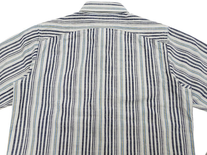 Sugar Cane Men's Indigo Vertical Multi-Stripe Long-Sleeve Work Shirt - Fiction Romance Collection - 100% Cotton, Inspired by Traditional Japanese Kimono Fabric, Made in Japan (SC29592 401A Off White)