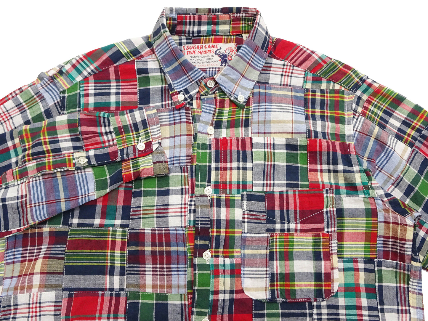 Sugar Cane Men's Long Sleeve Patchwork Madras Button-Down Shirt, Lightweight 100% Cotton Plaid, Made in Japan (SC29736 128 Navy Tone)