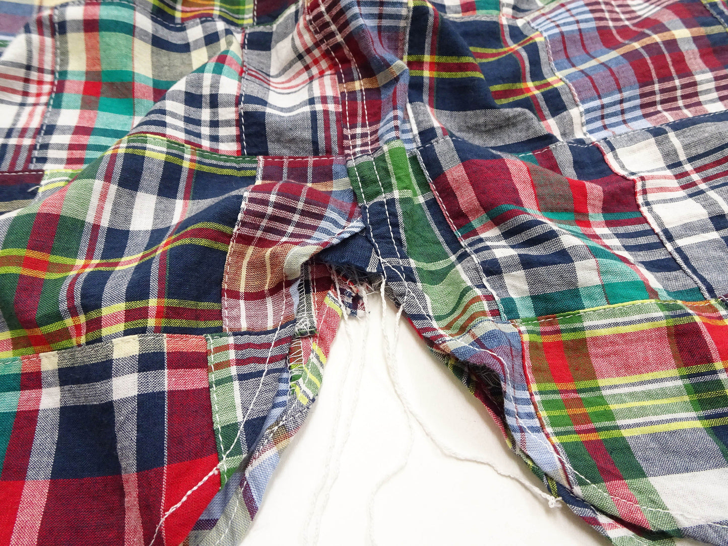 Sugar Cane Men's Long Sleeve Patchwork Madras Button-Down Shirt, Lightweight 100% Cotton Plaid, Made in Japan (SC29736 128 Navy Tone)