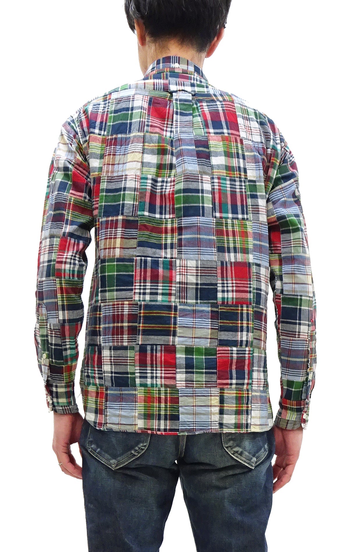 Sugar Cane Men's Long Sleeve Patchwork Madras Button-Down Shirt, Lightweight 100% Cotton Plaid, Made in Japan (SC29736 128 Navy Tone)