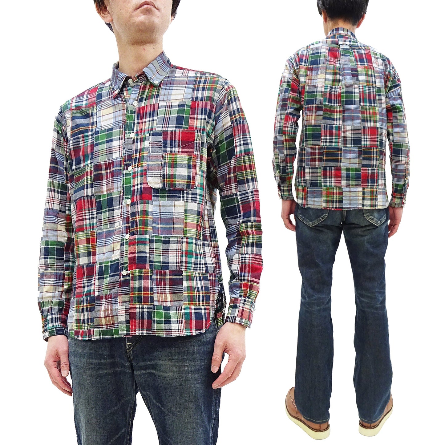Sugar Cane Men's Long Sleeve Patchwork Madras Button-Down Shirt, Lightweight 100% Cotton Plaid, Made in Japan (SC29736 128 Navy Tone)
