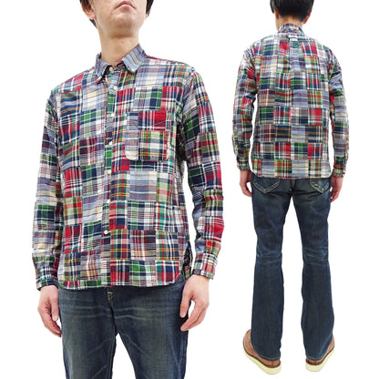 Sugar Cane Men's Long Sleeve Patchwork Madras Button-Down Shirt, Lightweight 100% Cotton Plaid, Made in Japan (SC29736 128 Navy Tone)