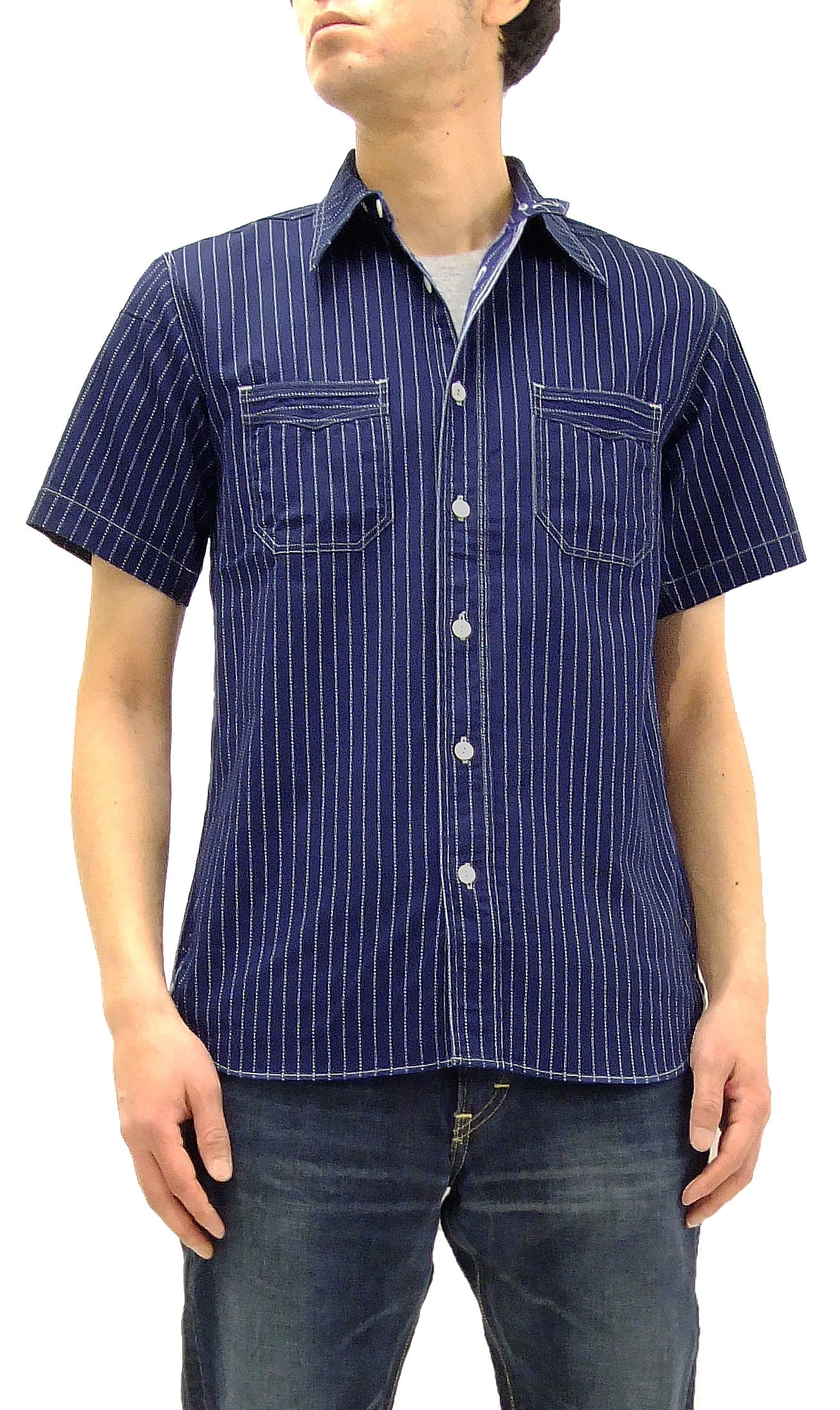 Sugar Cane Men's Short Sleeve Indigo Wabash Stripe Work Shirt, 8.5 oz Cotton Twill, One-Wash, Made in Japan (Fiction Romance SC36267 421A)