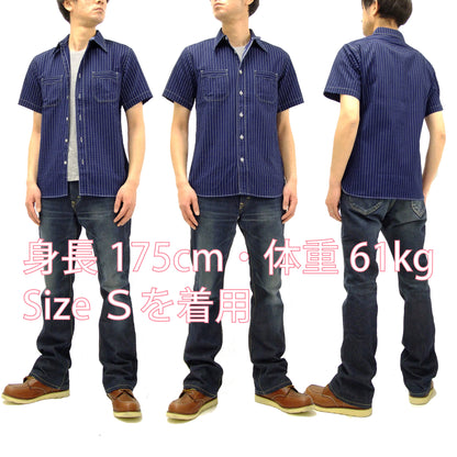 Sugar Cane Men's Short Sleeve Indigo Wabash Stripe Work Shirt, 8.5 oz Cotton Twill, One-Wash, Made in Japan (Fiction Romance SC36267 421A)