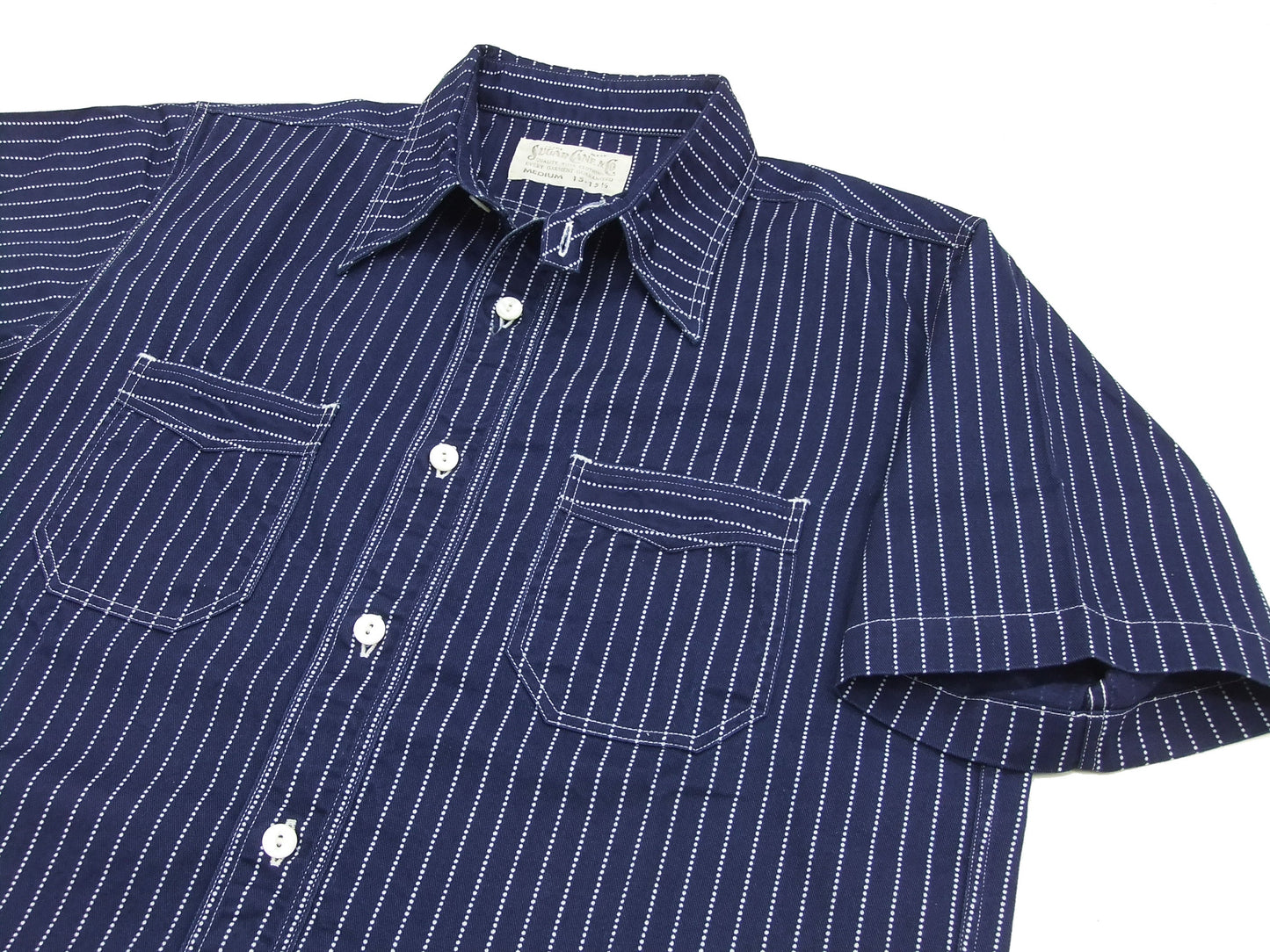 Sugar Cane Men's Short Sleeve Indigo Wabash Stripe Work Shirt, 8.5 oz Cotton Twill, One-Wash, Made in Japan (Fiction Romance SC36267 421A)