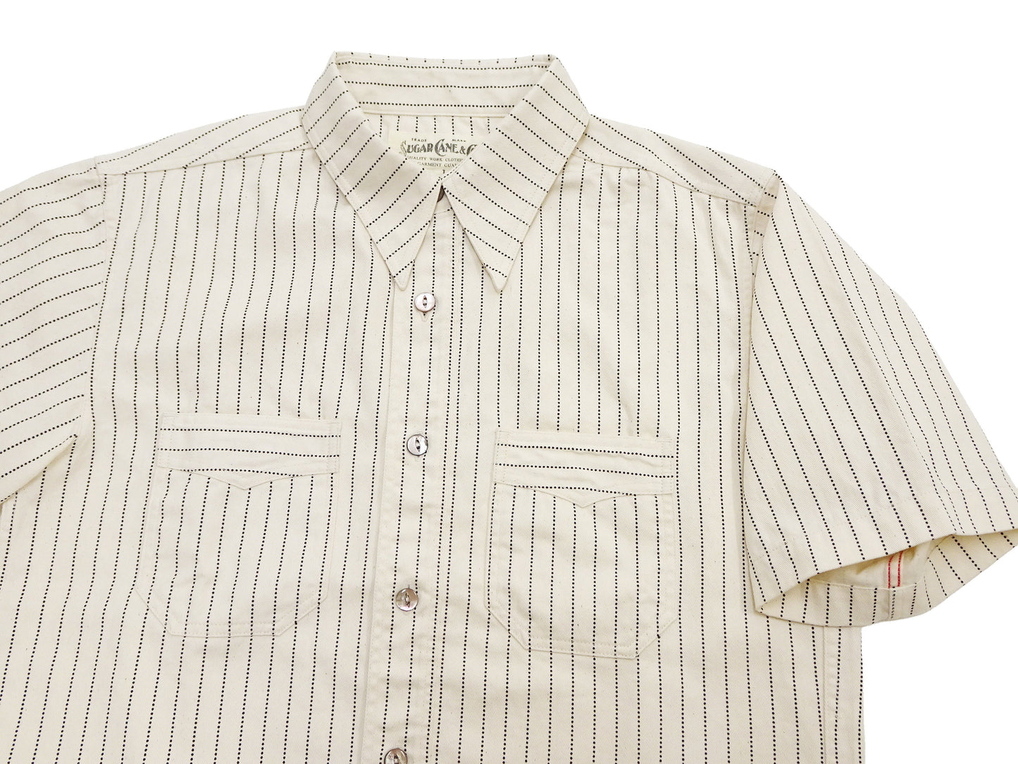 Sugar Cane Men's Short Sleeve Ecru Wabash Stripe Work Shirt 8.5 oz Cotton Twill Made in Japan (Fiction Romance SC37275 401A One-Wash)