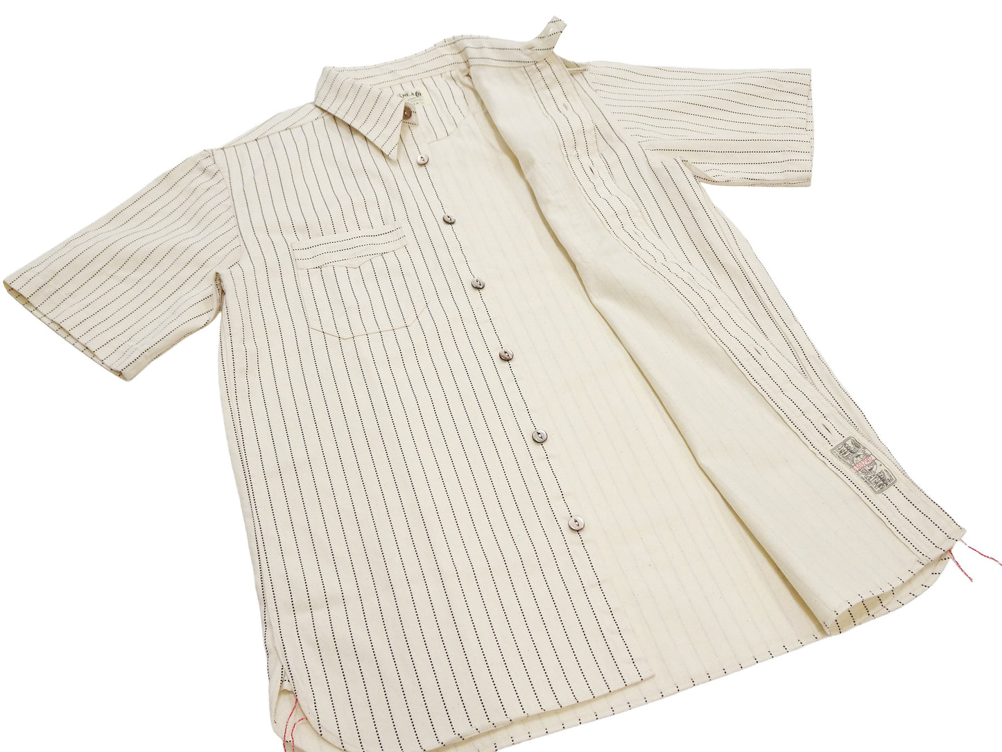 Sugar Cane Men's Short Sleeve Ecru Wabash Stripe Work Shirt 8.5 oz Cotton Twill Made in Japan (Fiction Romance SC37275 401A One-Wash)
