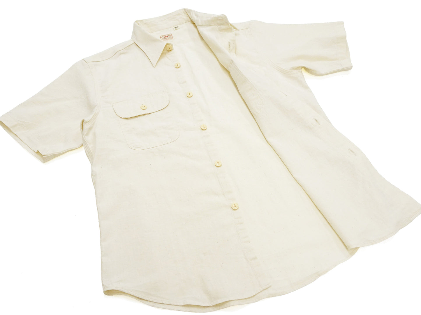 Sugar Cane Ecru Chambray Shirt Men's Casual Short Sleeve Plain Button Up Work Shirt SC37942 401 Ecru One Wash