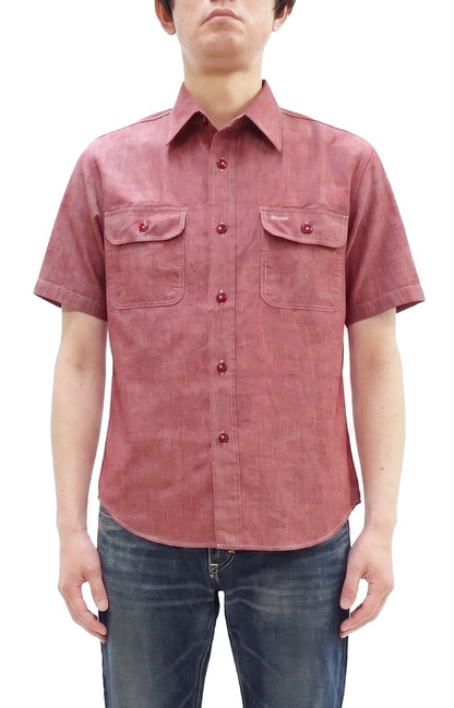 Sugar Cane Red Chambray Work Shirt Men's Short Sleeve Cotton Button-Up Shirt Made in Japan (SC39703 / 461A Red / One-Wash)