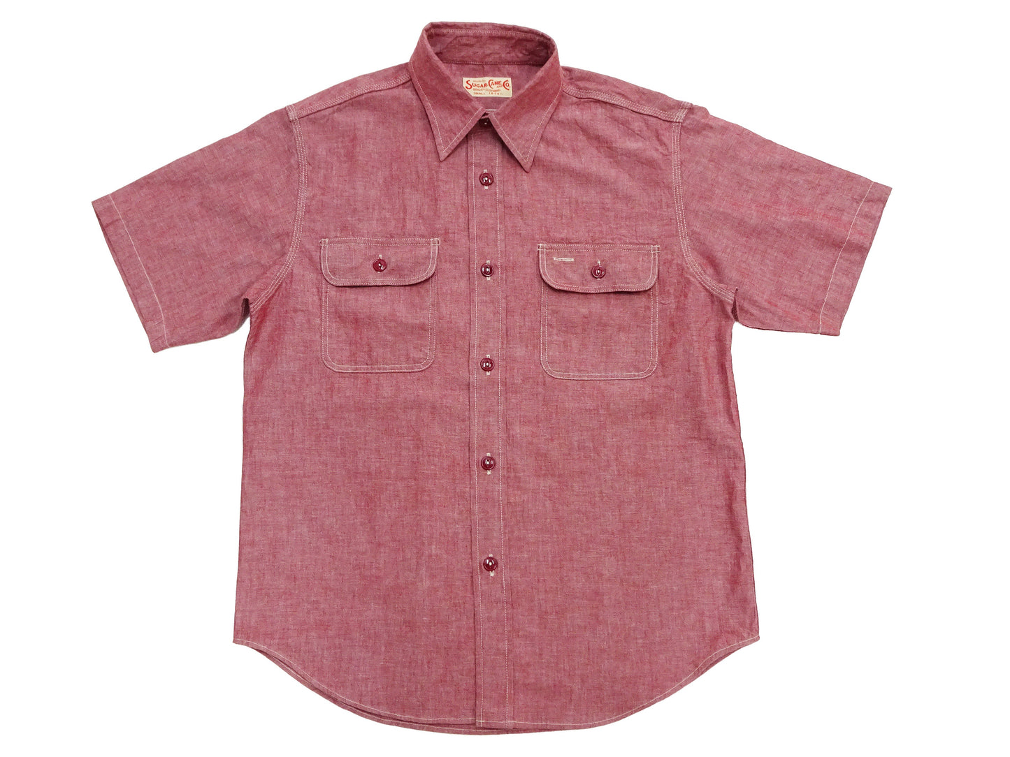 Sugar Cane Red Chambray Work Shirt Men's Short Sleeve Cotton Button-Up Shirt Made in Japan (SC39703 / 461A Red / One-Wash)