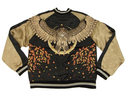 Hanatabi Gakudan Men's Japanese Souvenir Jacket Owl and Autumn Leaves Sukajan Script SKJ-179