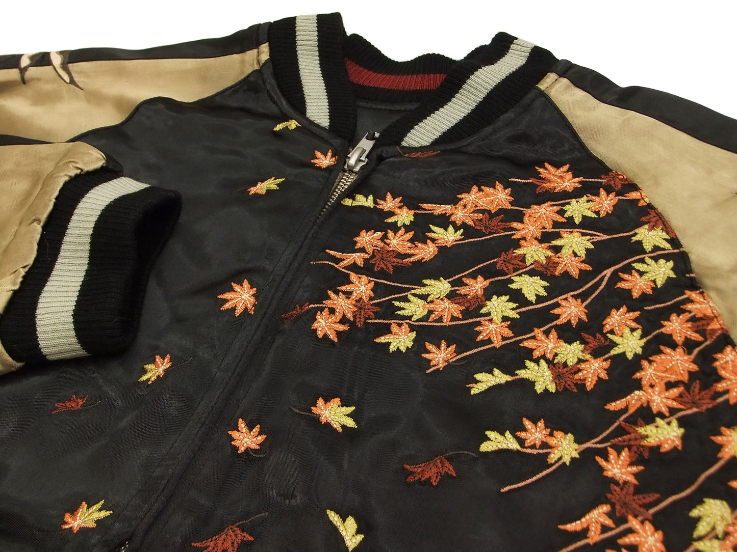 Hanatabi Gakudan Men's Japanese Souvenir Jacket Owl and Autumn Leaves Sukajan Script SKJ-179