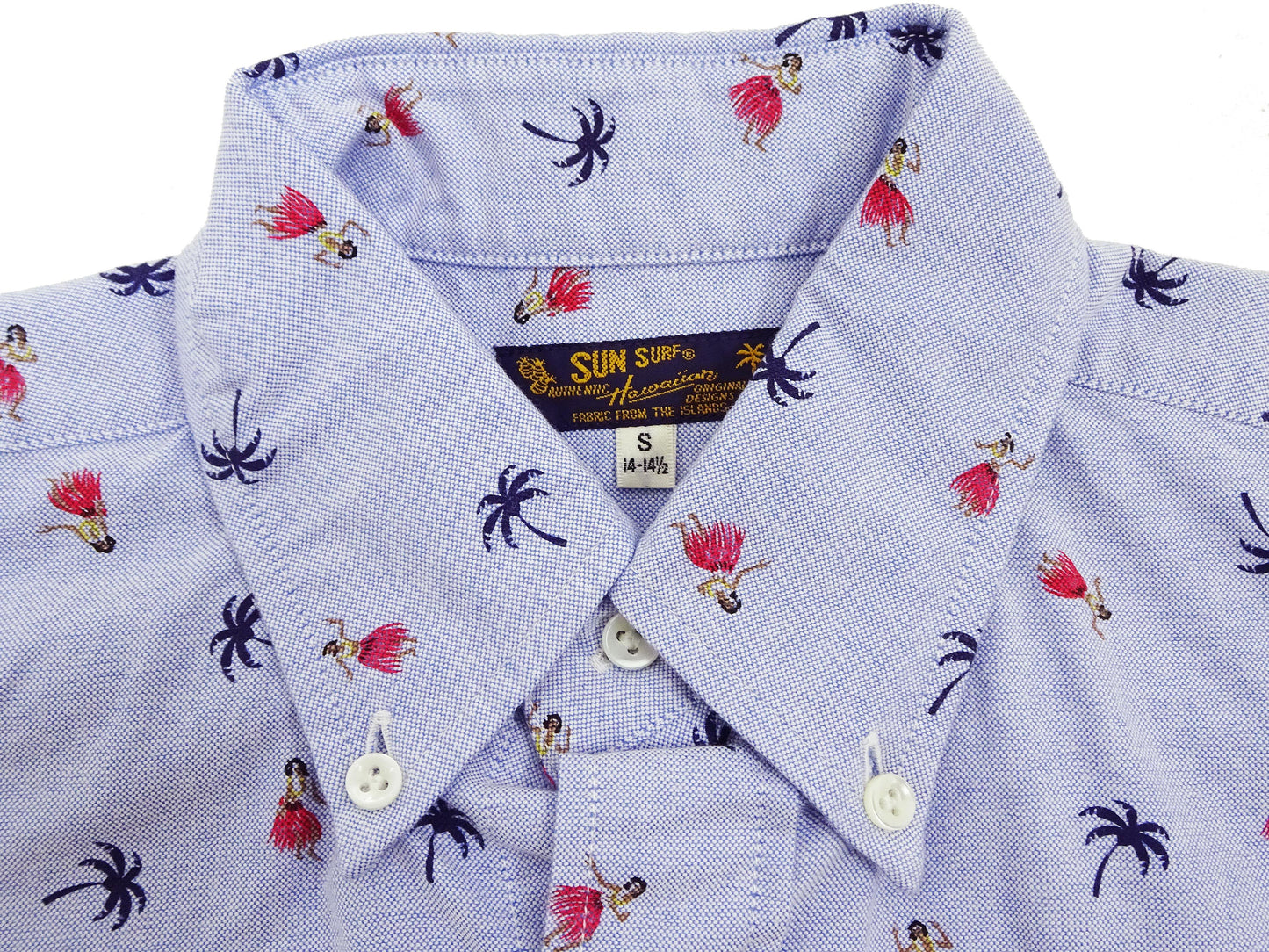 Sun Surf Casual Button Down Shirt Men's Short Sleeve Hula Dancer Palm Tree All-over Print Oxford Button Up Shirt SS39282 125 Blue
