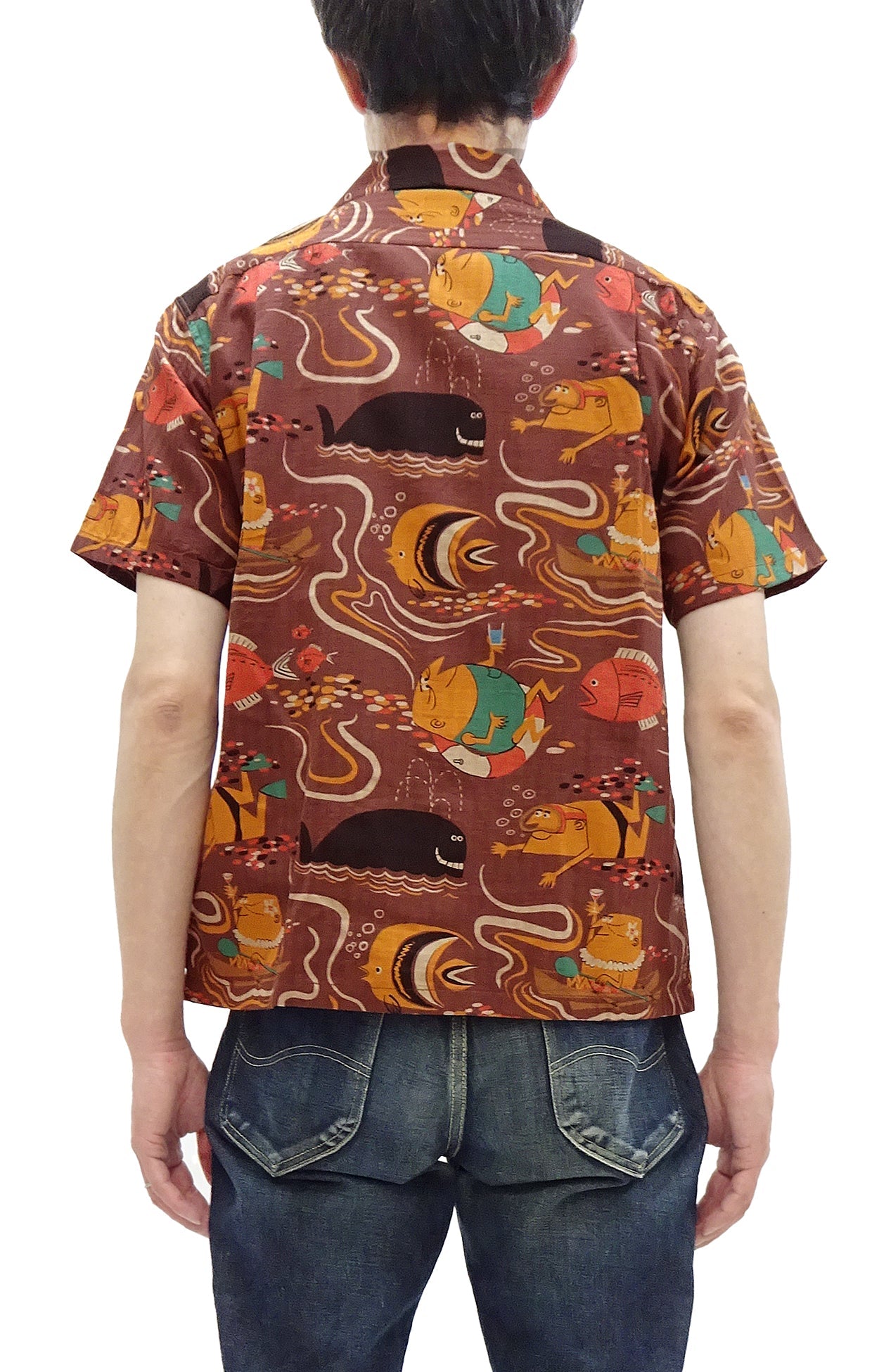 Sun Surf Men's Cotton Hawaiian Shirt - Uncle Torys Graphic Design - Short-Sleeve Aloha Shirt "Ocean Activities" SS39538 138 Brown
