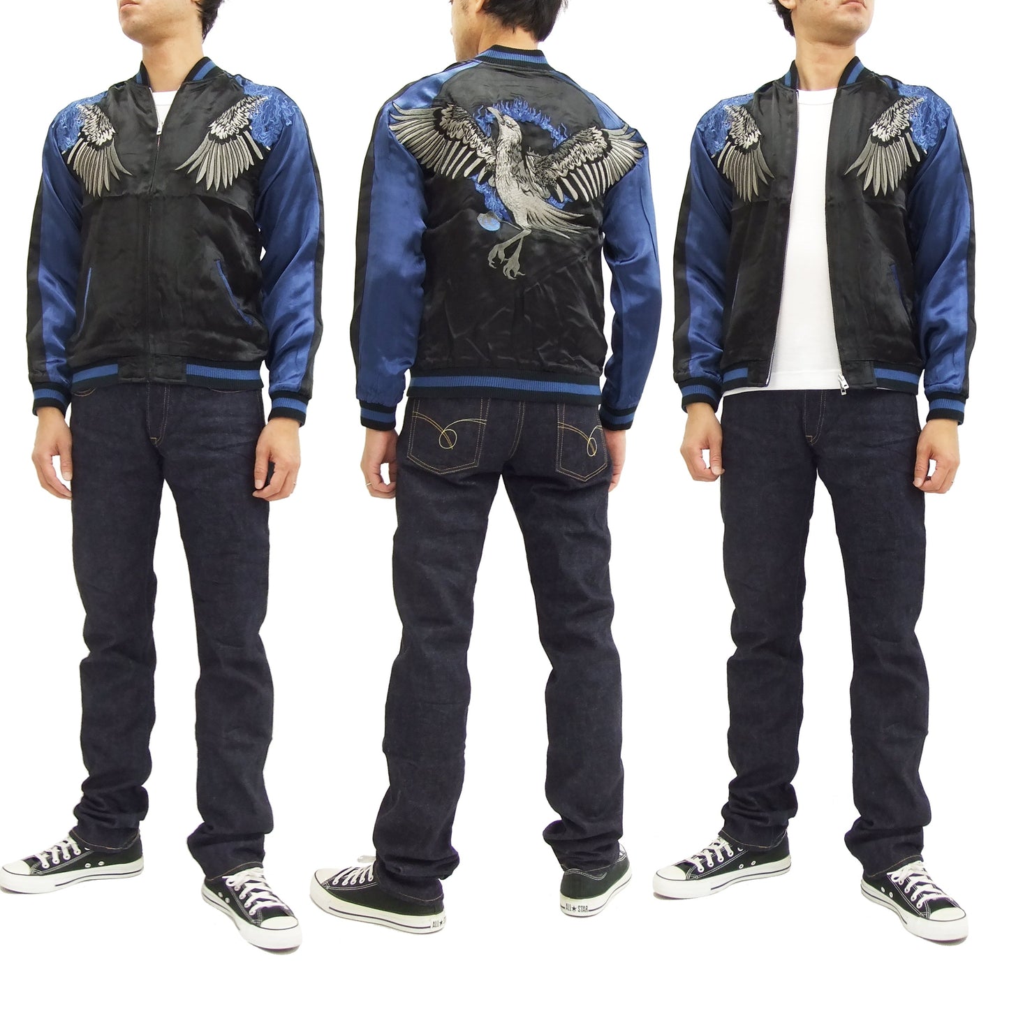Hanatabi Gakudan Men's Japanese Souvenir Jacket Japanese Raven Sukajan Script SSJ-013