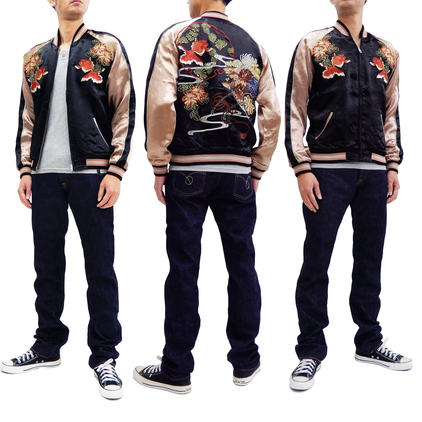 Hanatabi Gakudan Men's Japanese Souvenir Jacket Japanese Goldfish Art Sukajan Script SSJ-517