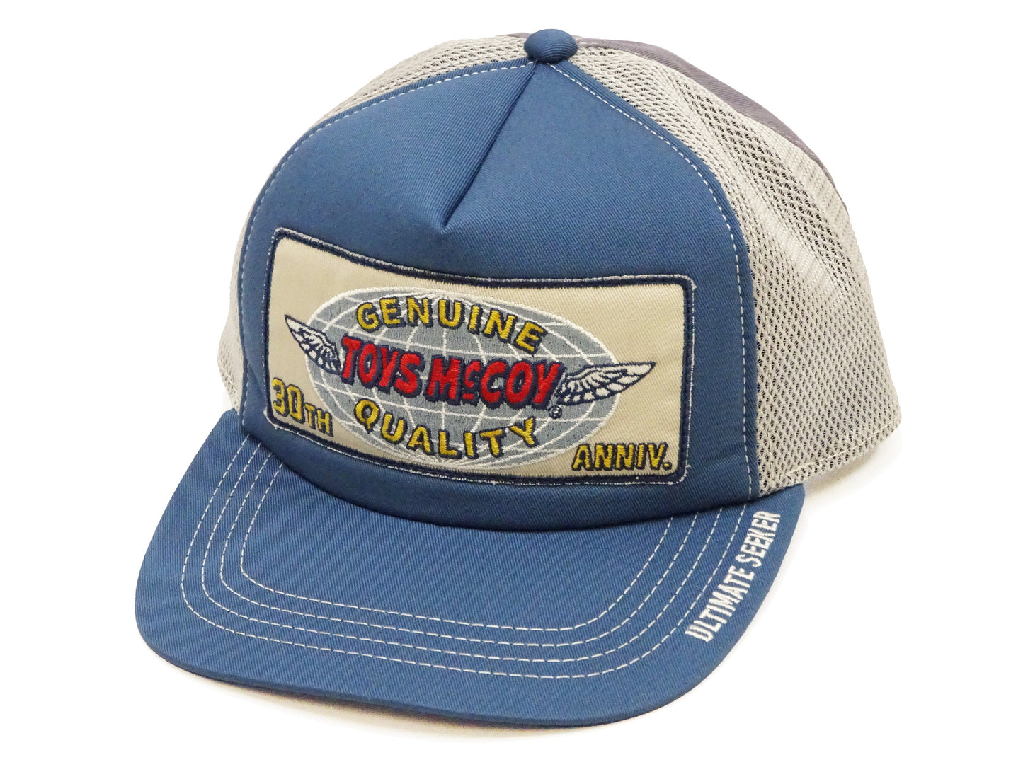 TOYS McCOY Men's Snapback Trucker Cap, Side Mesh Panels, 30th Anniv. Patch, Made in Japan (TMA2602 Blue/Gray)