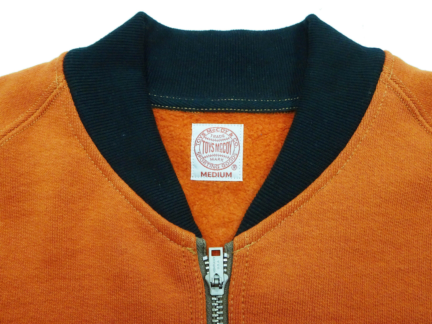 TOYS McCOY Men's Flying Ace Snoopy Zip-Up Sweatshirt - USAF C-2 Inspired, No Hood, Heavyweight 100% Cotton Loopwheel Fleece, Two-Tone Contrast Panel Design - Made in Japan (TMC2551 070 orange and black)