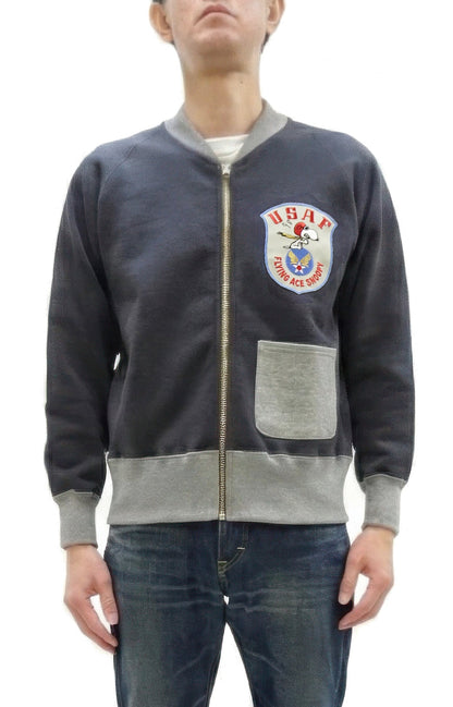 TOYS McCOY Men's Flying Ace Snoopy Zip-Up Sweatshirt - USAF C-2 Inspired, No Hood, Heavyweight 100% Cotton Loopwheel Fleece, Two-Tone Contrast Panel Design - Made in Japan (TMC2551 121 faded navy gray and gray)