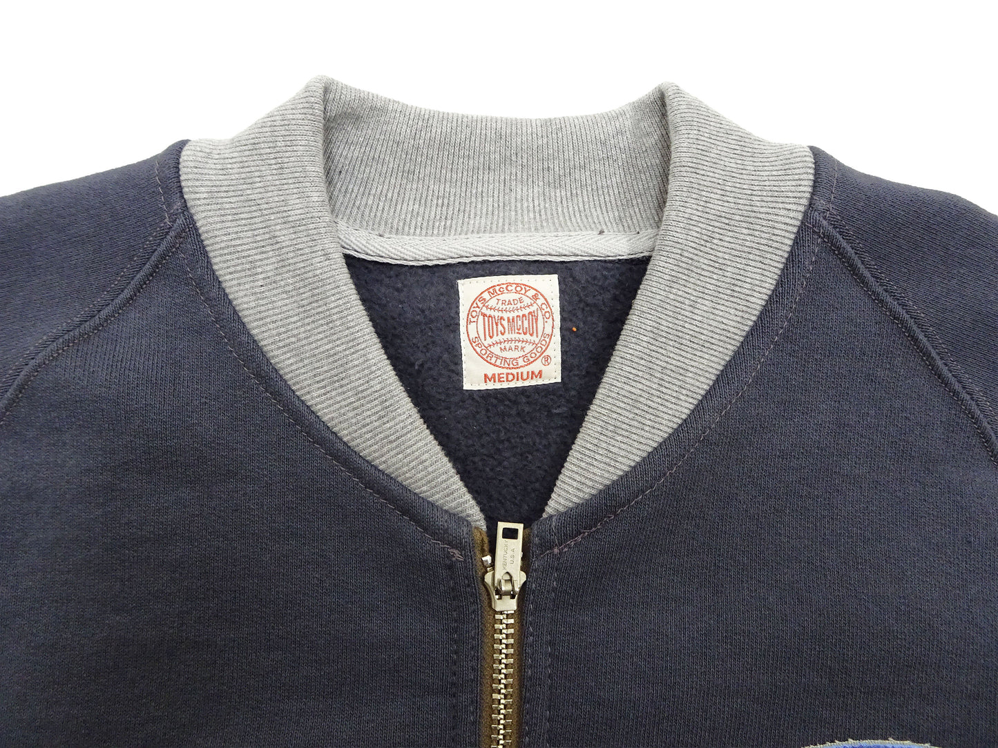 TOYS McCOY Men's Flying Ace Snoopy Zip-Up Sweatshirt - USAF C-2 Inspired, No Hood, Heavyweight 100% Cotton Loopwheel Fleece, Two-Tone Contrast Panel Design - Made in Japan (TMC2551 121 faded navy gray and gray)