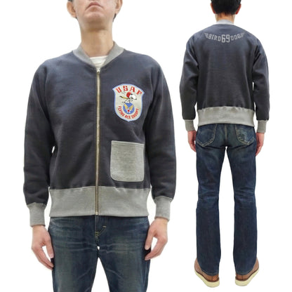 TOYS McCOY Men's Flying Ace Snoopy Zip-Up Sweatshirt - USAF C-2 Inspired, No Hood, Heavyweight 100% Cotton Loopwheel Fleece, Two-Tone Contrast Panel Design - Made in Japan (TMC2551 121 faded navy gray and gray)