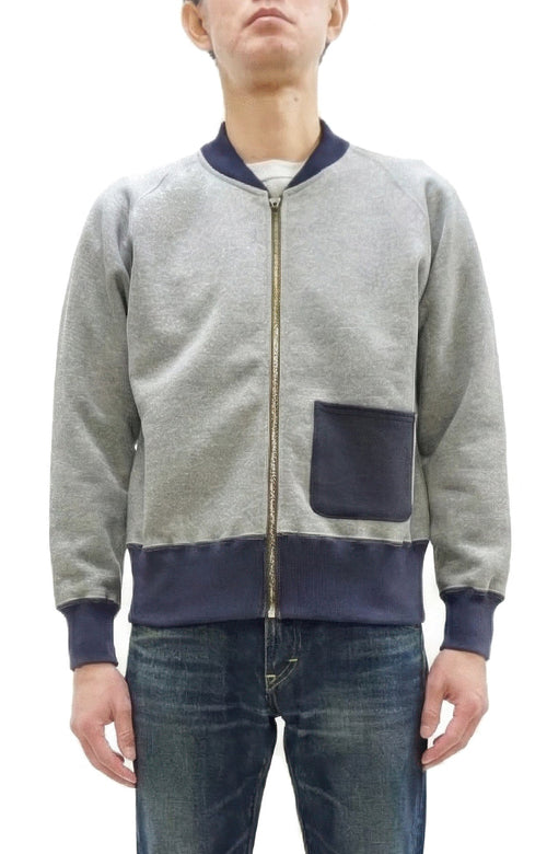 TOYS McCOY Men's Zip-Up Sweatshirt - USAAF C-2 Inspired, No Hood, Heavyweight 100% Cotton Loopwheel Fleece, Two-Tone Contrast Panel Design - Made in Japan (TMC2556 021 ash gray and navy)