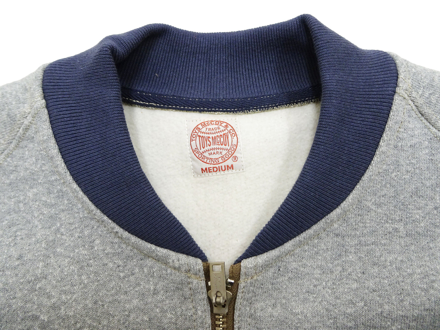 TOYS McCOY Men's Zip-Up Sweatshirt - USAAF C-2 Inspired, No Hood, Heavyweight 100% Cotton Loopwheel Fleece, Two-Tone Contrast Panel Design - Made in Japan (TMC2556 021 ash gray and navy)