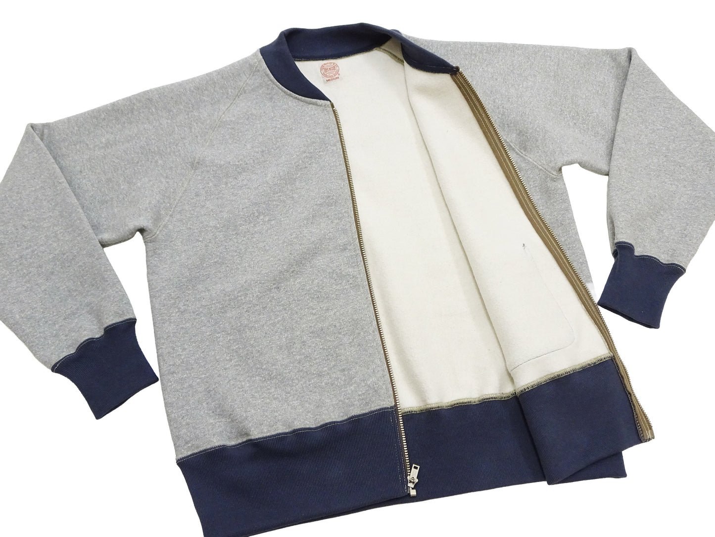 TOYS McCOY Men's Zip-Up Sweatshirt - USAAF C-2 Inspired, No Hood, Heavyweight 100% Cotton Loopwheel Fleece, Two-Tone Contrast Panel Design - Made in Japan (TMC2556 021 ash gray and navy)