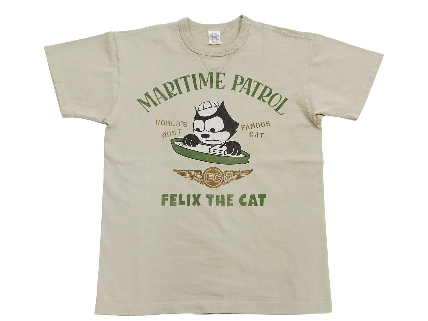 TOYS McCOY Men's Felix the Cat U.S. Navy Graphic Short Sleeve T-Shirt - Loopwheel Tubular Jersey, Garment Dyed, Made in Japan (TMC2601 041 Muted Sand Beige)