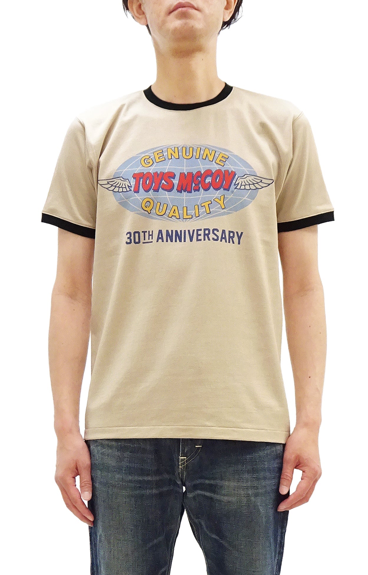 TOYS McCOY Men's 30th Anniversary Graphic Ringer T-Shirt, Heavyweight 100% Cotton Tubular Jersey Tee with No Side Seams, Unwashed, Made in Japan (TMC2609 Muted Beige with Black Trim)