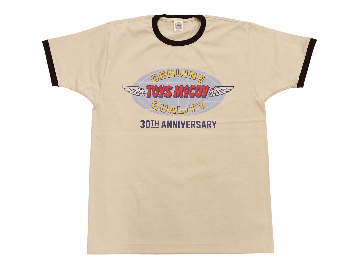 TOYS McCOY Men's 30th Anniversary Graphic Ringer T-Shirt, Heavyweight 100% Cotton Tubular Jersey Tee with No Side Seams, Unwashed, Made in Japan (TMC2609 Muted Beige with Black Trim)