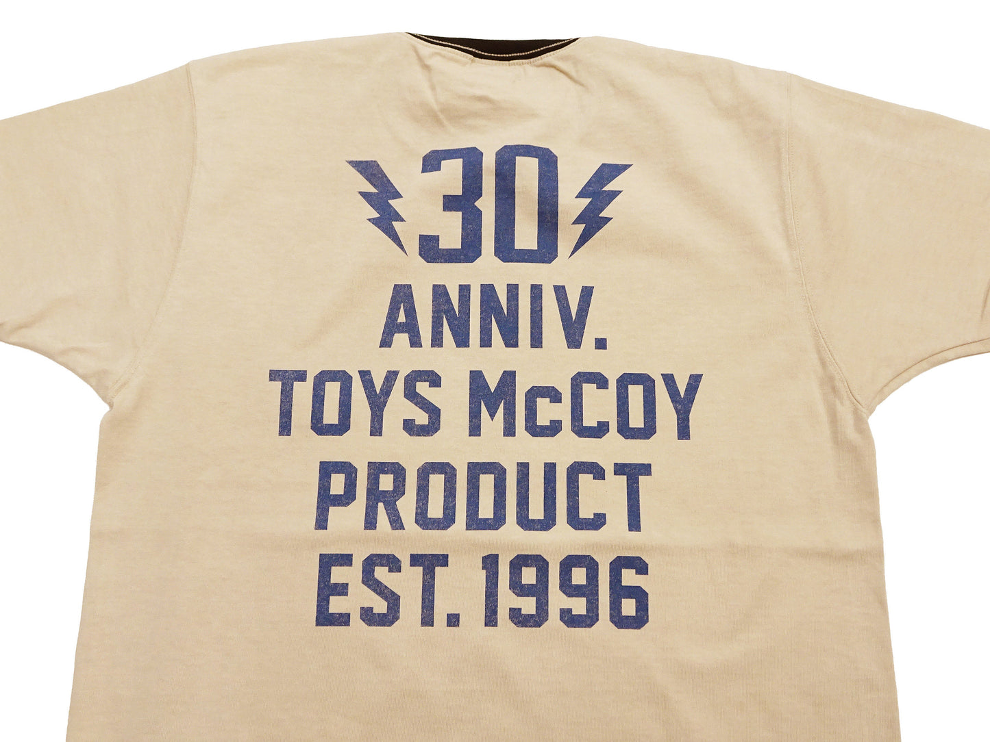 TOYS McCOY Men's 30th Anniversary Graphic Ringer T-Shirt, Heavyweight 100% Cotton Tubular Jersey Tee with No Side Seams, Unwashed, Made in Japan (TMC2609 Muted Beige with Black Trim)