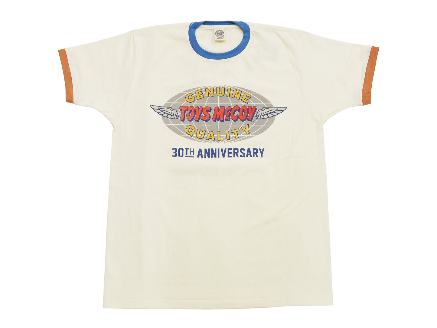 TOYS McCOY Men's 30th Anniversary Graphic Ringer T-Shirt, Heavyweight 100% Cotton Tubular Jersey Tee with No Side Seams, Unwashed, Made in Japan (TMC2609 Off-White with Blue/Orange Trim)