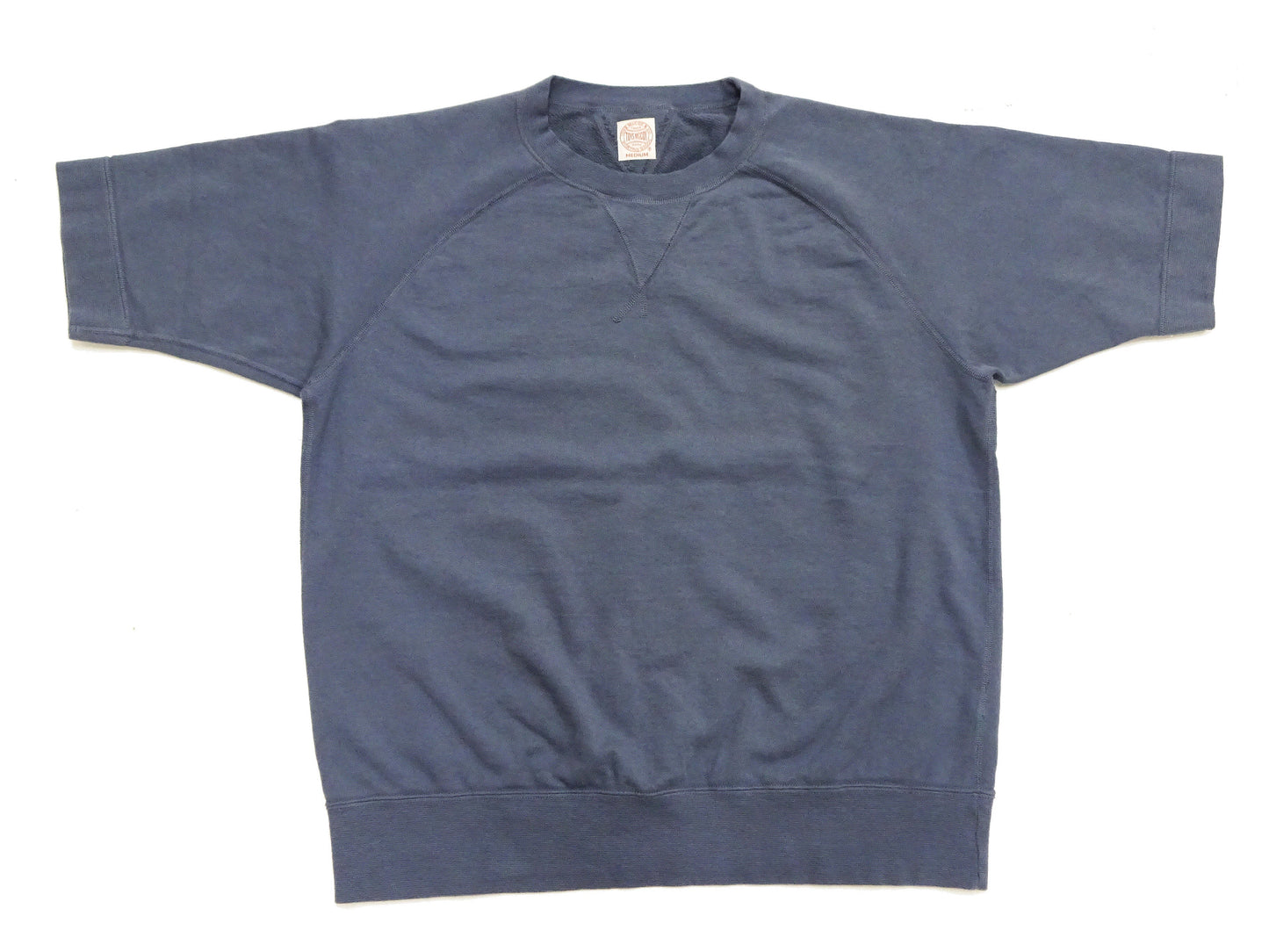 TOYS McCOY Men's Short Sleeve Raglan Sweatshirt, Garment-Dyed Loopback French Terry, V-Gusset Crewneck, Made in Japan (TMC2612 120 Garment-Dyed Washed Blue)