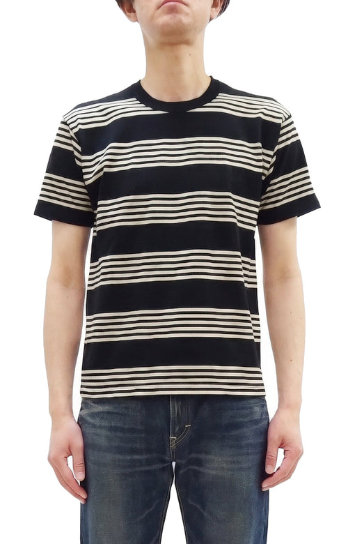 TOYS McCOY Men's Steve McQueen Inspired Multi-Border Striped Short Sleeve Crew Neck T-Shirt - Garment-Dyed Cotton Jersey - Made in Japan (TMC2616 041 Ivory x Black)