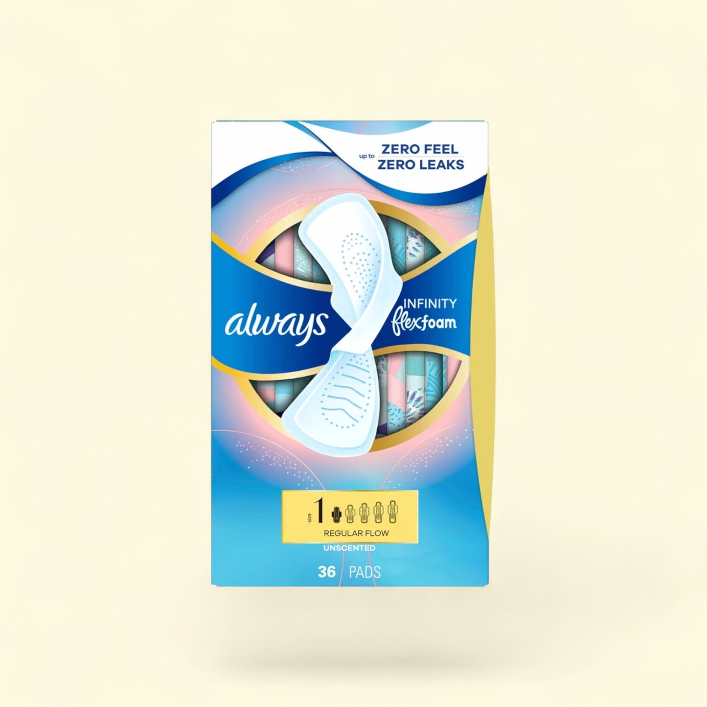 Always Infinity Feminine Pads with Wings, Size 1, Regular Absorbency, Unscented, 36 Count